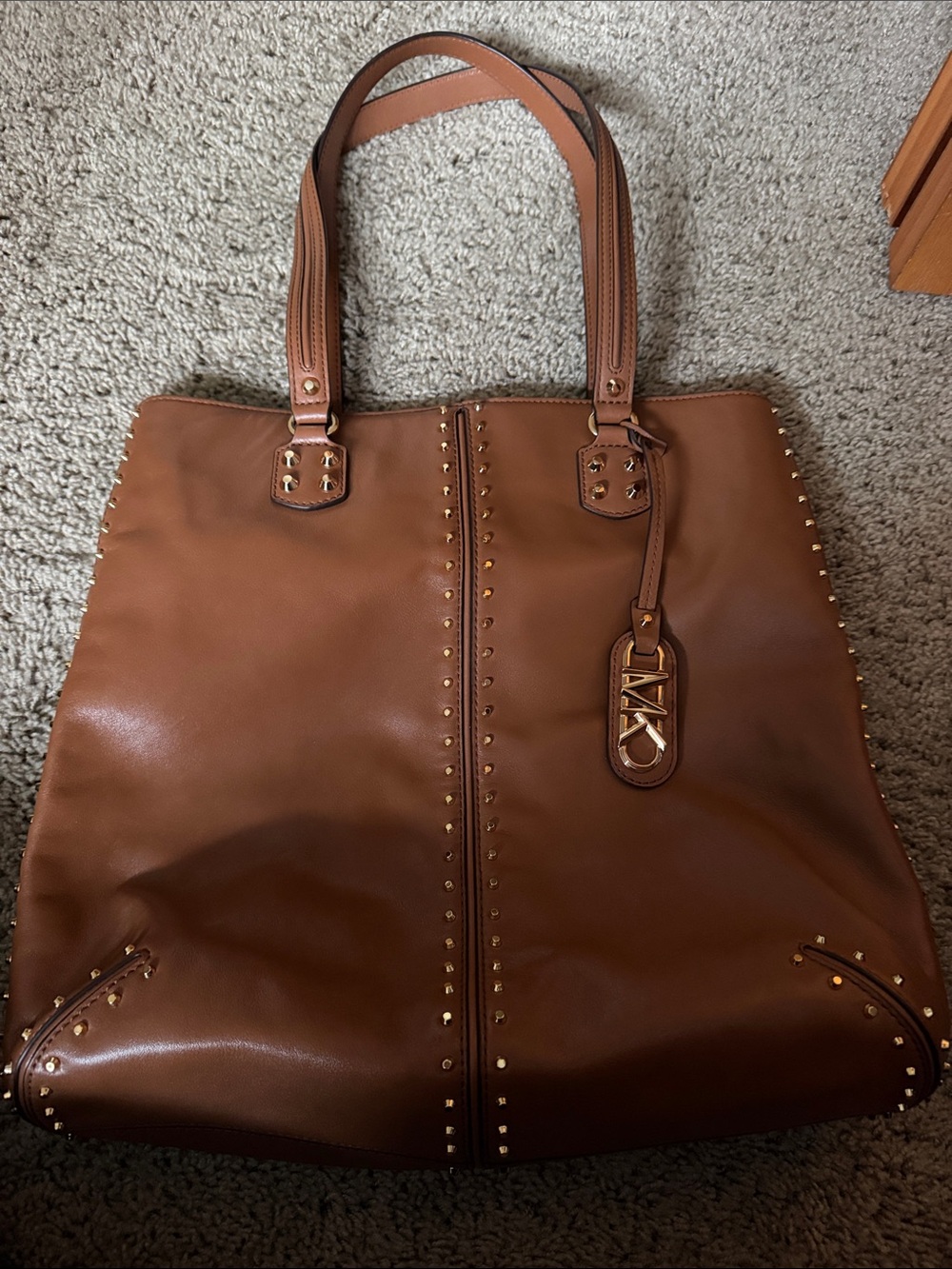 Michael Kors Cognac Leather Studded Tote with MK Charm